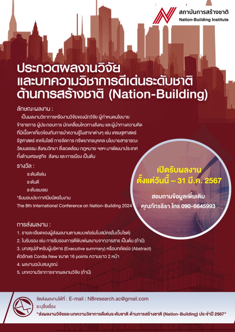 ประกวดผลงานวิจัยและบทความวิชาการดีเด่นระดับชาติ ด้านการสร้างชาติ (Nation-Building)