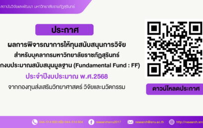 ผลการพิจารณาการให้ทุนสนับสนุนการวิจัย สำหรับบุคลากรมหาวิทยาลัยราชภัฏสุรินทร์ จากงบประมาณสนับสนุนมูลฐาน (Fundamental Fund : FF) ประจำปีงบประมาณ พ.ศ.2568