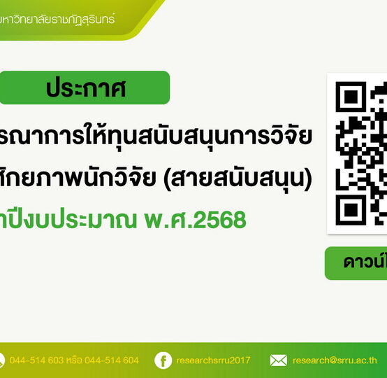 ประกาศมหาวิทยาลัยราชภัฏสุรินทร์ เรื่อง ผลการพิจารณาให้ทุนอุดหนุนการวิจัยเพื่อพัมนาศักยภาพนักวิจัย (สายสนับสนุน) ประจำปีงบประมาณ พ.ศ.2568
